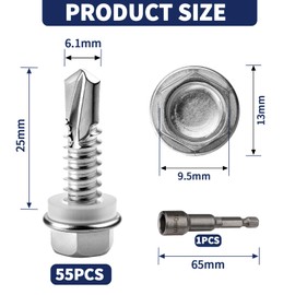 55 PCS Self Tapping Screws Metal M6.3X25MM Hex Head Self Drilling Screws 410 Stainless Steel Tech Screws for Metal Self Tapping Bolts for Ventilation Pipes Corrugated Roofing Windows with Hex Socket