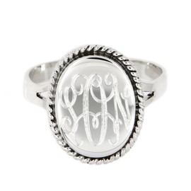 LGU Sterling Silver Polished Signet Oxidized Rope Edge Oval Ring with Engraving (6.5)