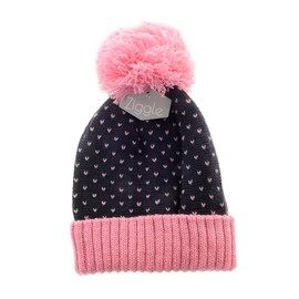 Ziggle Baby Thick Woolly Winter Striped Cable Knitted Hat for Babies Toddlers (Navy, Pink Hearts) (0-12m)