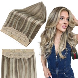 Full Shine Wire Hair Extensions Real Human Hair Highlighted Color 8p60 One Piece Hair Extensions Remy Hair 14 Inch Clip ins Hidden Crown Wire Hair with Transparent Fish Line Hair Extension