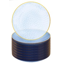 Rubtlamp 100 Pcs Blue And Gold Plastic Plates - 10 inch Clear Blue Gold Dinner Plates - Hammer Pattern Design - Fancy Disposable Plates - Heavy-Duty Party Plates for All Occasions