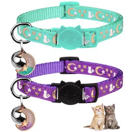 2PCS Breakaway Cat Collars with Bell Moons Stars Cute Kitty Adjustable Safe Kitten Collars with Pendant Glow in The Dark(Purple&Teal)