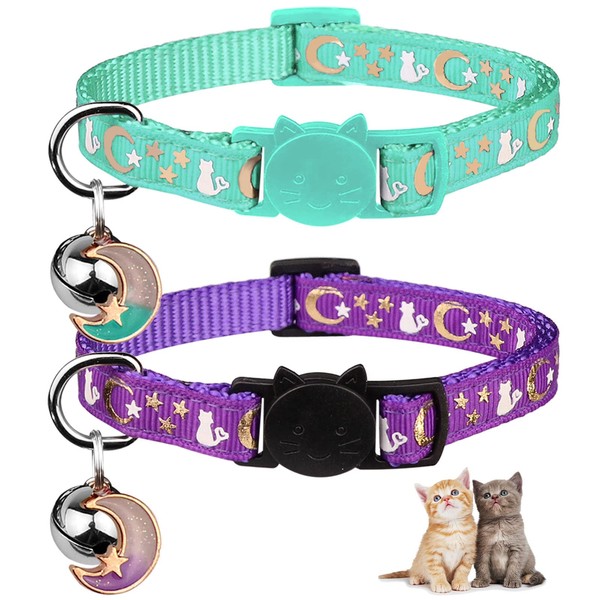 2PCS Breakaway Cat Collars with Bell Moons Stars Cute Kitty