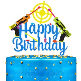 Decoración para tartas con temática de Nerf de feliz cumpleaños – Decoración para cupcakes de fiesta de guerra de dardos – Púas de pistola para decoración de pasteles para niños