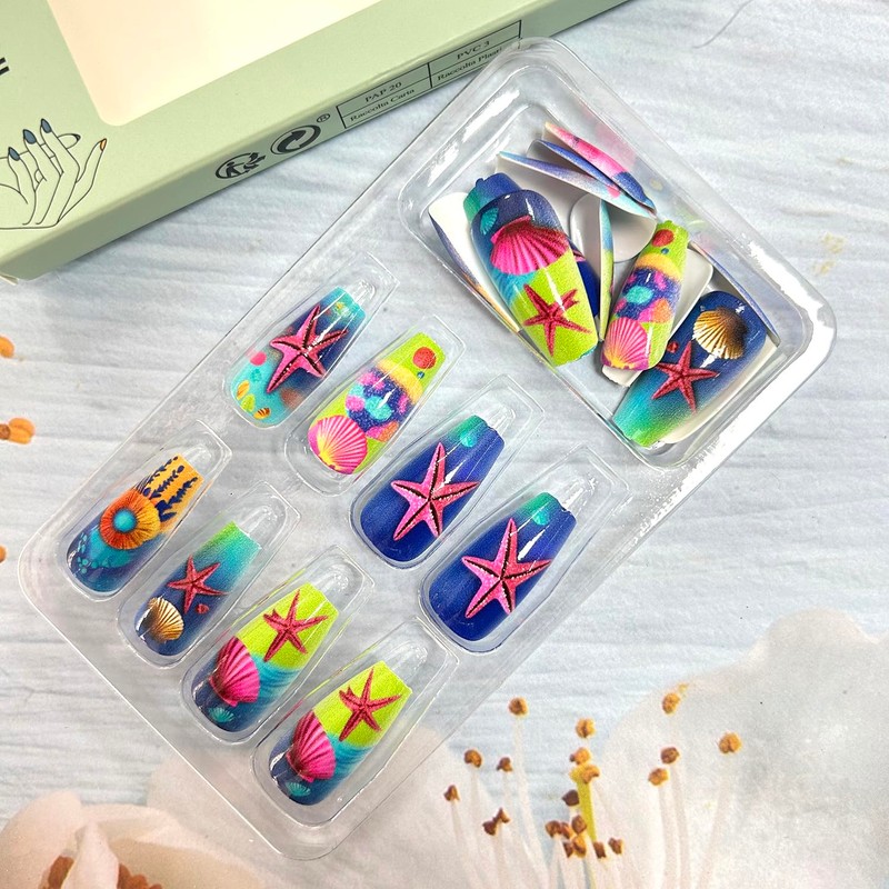 Shell Starfish Press on Nails Long Colorful Shell Pattern Design