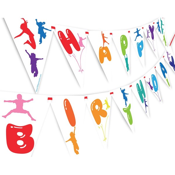 POP parties Bounce Jump Happy Birthday Banner Pennant - Rainbow Party Banner - Trampoline Party Decoration