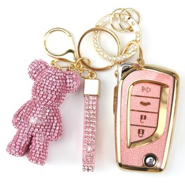 Rayslesan Cute Key Fob Cover with Rhinestone Bear Charm, Bling TPU Smart Key Case for Women, Compatible with Toyota 4Runner,Avalon,Camry Corolla Fortuner Highlander RAV4 LE (4-Button, Gold Pink)