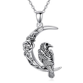 Plesitep 925 Sterling Silver Raven Necklace for Women Vintage Moon Crow Raven Pendant Gothic Jewelry for Mom Her