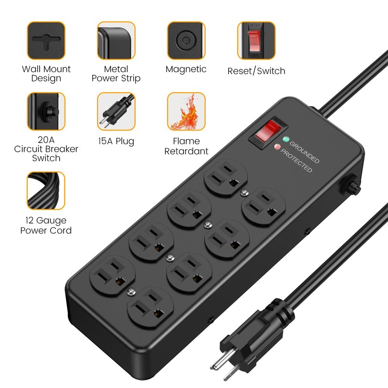 HEZI Magnetic Heavy Duty Power Strip,12 Gauge 6FT Extension Cord,Black
