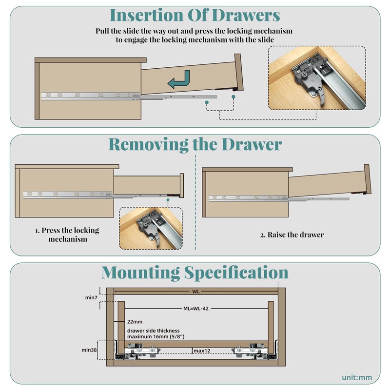 18 Inch Soft Close Undermount Drawer Slides 1 Pair,5D Adjustable