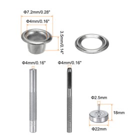 sourcing map 100pcs Grommet Tool Kit 4mm Copper Grommet Eyelet Set with Hole Hollow Punch, Grommet Setter Tools for Clothing Leather Fabric Belt, Silver Tone