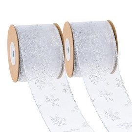 YKYUASD 2 Rolls 2.5 Inch Silver Christmas Ribbon Snowflake Organza Sheer Glitter Ribbon with Metal Wired Christmas Ribbon for Gift Wrapping Wreath Xmas Tree Wedding Party Crafts (10 Yards/Rolls)