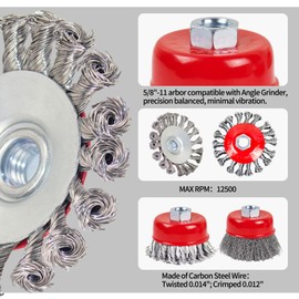 OSFTBVT Wire Wheel Brush for 4-1/2" Angle Grinder 4 Inch Wire Wheel Set 3 Inch Wire Cup Twisted/Crimped Brushes 5/8"-11 Threads Arbor - 4pcs