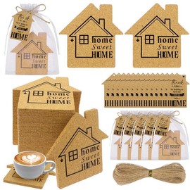 60 Sets Housewarming Party Favors for Guests Sweet Home Coasters Cork Coasters with Thank You Cards Organza Bags House Warming Return Gifts New Home Guests Souvenirs Appreciation Party Decorations