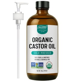 SYLVANA Organic Castor Oil with Pump - Cold-Pressed, Hexane-Free, Vegan - Nourishing Hair & Skin Treatment, Lash & Brow Serum，16oz