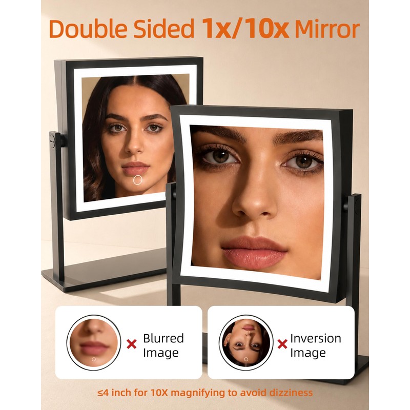Ruacq Vanity Mirror with Lights, Dual Sided 1X/10X, Matte Black