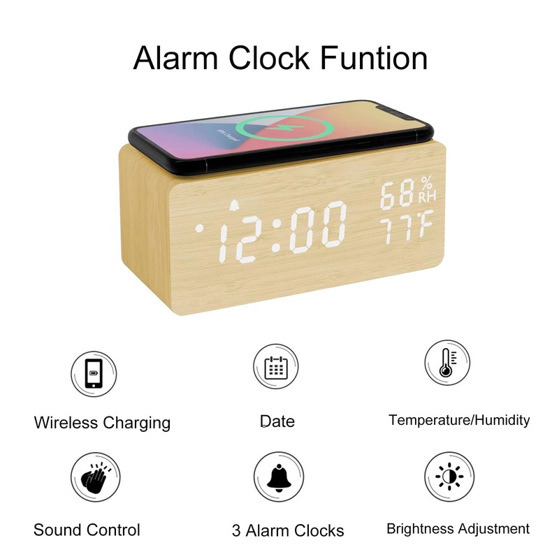 Lancoon Wooden Digital Alarm Clock with Sound Control LED Wireless