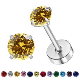 VDKIDKT Flat Back Birthstone Stud Earrings for Women Girls, 3mm Tiny CZ Flat Back Stud Earrings, Screw Back Tiny Earrings Studs, Cartilage/Tragus/Second Hole Earrings (Silver, 11.Nov-Topaz)