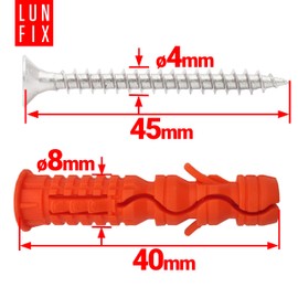 Dowel Set 8 x 40 with Screws 4 x 45 mm - 100 Pieces, Impact Dowels & Universal Dowels for Concrete, Brick, Hollow Blocks, Dowel Set with Countersunk Screws Lun Fix
