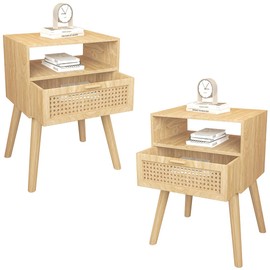 Mid-Century Modern Rattan Nightstand (2 SET), Boho Wood Accent Table with Storage Drawer - Bedside Table for Bedroom or End Table for Living Room, Natural Wood Accent Decor - Light Brown