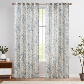 jinchan Linen Blend Curtains Floral Curtains for Living Room 84 Inch Length Blue Printed Curtains Rod Pocket Back Tab Farmhouse Peony Flower Patterned Drapes Bedroom Window Curtain Set 2 Panels