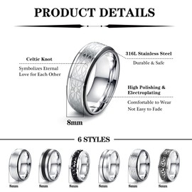 JeweBella Men's Stainless Steel Rings Set of 6 Silver Matt Polished Celtic Knot Vintage Rings Chain Rings Bottle Opener Ring Band Rings Wedding Ring Engagement Rings for Men Women Size 54-70,