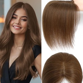 Hair Toppers for Women Real Human Hair, 3D Cover Clip in Bangs Realistic Scalp Line Human Hair Toppers for Women with Thinning Upgrade Basement with Bangs (Light Brown, 3D Side Bangs 5x9)