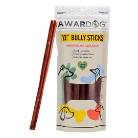 AWARDOG Odor-Free Bully Sticks (12 Inch, 5 Pack Medium Thickness), Fully Digestible 100% Beef Pizzle Chews, Grass-Fed, Grain-Free, Natural Long-Lasting Chews for Small & Large Dogs -5 count