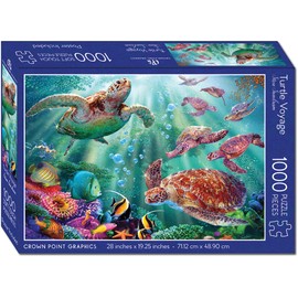 Crown Point Graphics Turtle Voyage - 1000 Piece Soft Touch Jigsaw Puzzle - Artist Steve Sundram - Soft Touch Design - Ocean Wildlife Puzzle with Sea Turtles, Tropical Fish, Coral Reef and Seahorse