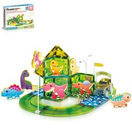 PicassoTiles Dinosaur Magnet Tile Race Car Track with 8 Magnetized Action Figures 2 Cars Accessory Street Sign Kit Magnetic Tiles Construction Building Block Pretend Play Education Toy Ages 3+ PTR02