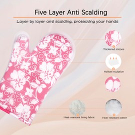 YOMOE Oven Mitts, Heat Resistant Silicone Flower Floral Oven Mitts 2Pcs Kitchen with Non-Slip Silicone Stripe and Soft Cotton Printing Lining Long Oven Gloves for Cooking, BBQ, Baking-Red