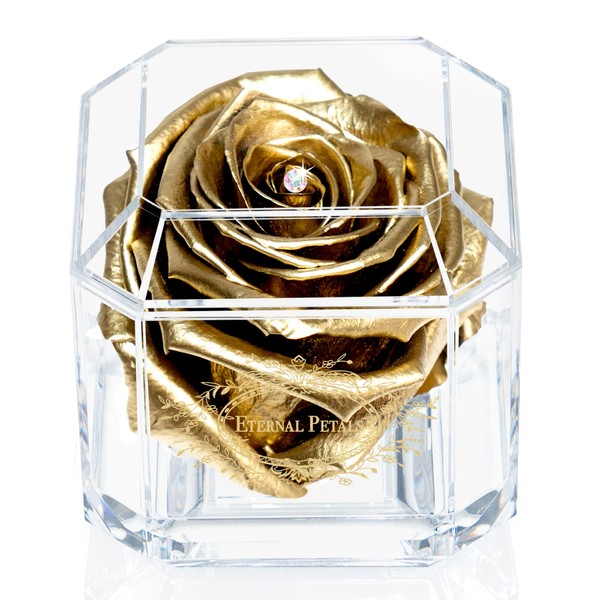 A 100% Real Rose That Lasts Years - Eternal Petals, Handmade in UK – Gold Solo with A Multicolour Swarovski Crystal (Gold)