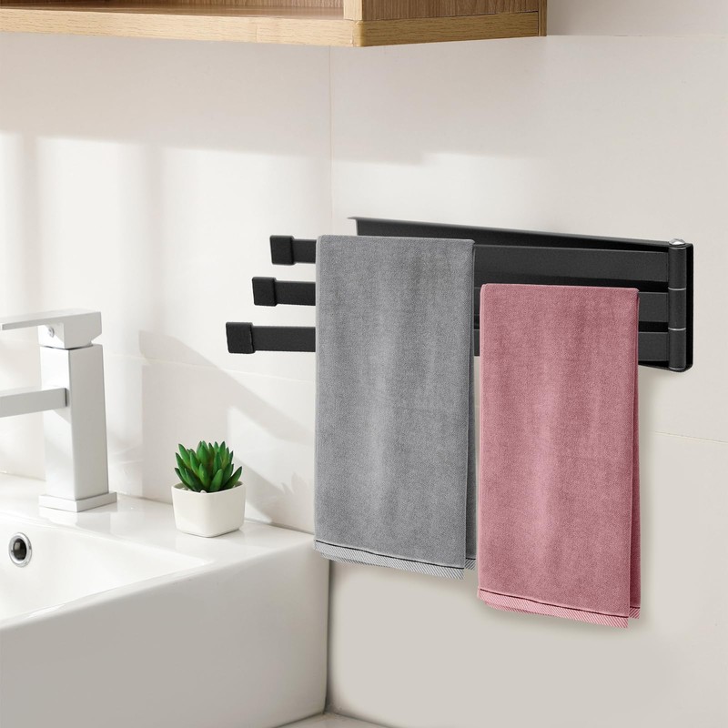 Towel Rail Black with 3 Arms No Drilling Towel Rail
