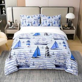 Erosebridal 100% Cotton Vintage Ocean Sailboat Comforter Cover King Size Anchor Nautical Bedding Set for Boys Kids Teens Watercolor Retro Lighthouse Print Duvet Cover Coastal Theme Quilt Cover