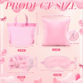 Daifunli 24 Pieces Spa Sleepover Party Supplies for Girls 6 Pink Spa Headband 6 Plush Sleep Eye Mask 6 Pink 18'' x 18'' Velvet Throw Pillow Covers 6 Tote Bags for Slumber Sleepover Party Favor Gift