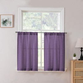 Tollpiz Short Linen Tier Curtains Rod Pocket Semi Sheer Half Kitchen Curtain Burlap Light Filtering Thick Linen Drapes for Bathroom, 30 x 24 inches Long, Royal Purple, Set of 2 Panels