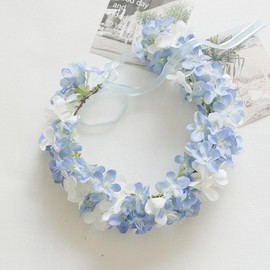 MAFELOE Floral Headband Garland, Adjustable Artificial Flower Headpieces with Ribbon for Women, Handmade Bridal Wedding Party Hairband-Blue+White