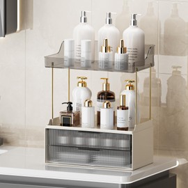 shuang qing 2-Tier 2-Drawer Bathroom Countertop Organizer, Skin Care Large Organizer, Multi-Purpose Makeup Storage Rack for Vanity, Cosmetic Counter Organizer (Grey)