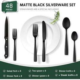 Hiware 48-Piece Matte Black Silverware Set with Steak Knives, Black Flatware Set for 8, Stainless Steel Tableware Cutlery Set, Utensil Sets for Kitchen, Hand Wash Recommended
