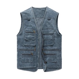 Hbufnha Casual Denim Vest Men's Outdoor Vest Jacket with 16 Pockets Summer Travel Work Cargo Outerwear 02-BL-L