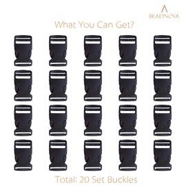 BEADNOVA - Hebilla de plástico con clip de liberación lateral rápida, hebilla de liberación lateral plana de 1 pulgada para mochila de correa de nailon (negro, 1 pulgada, 20 piezas)