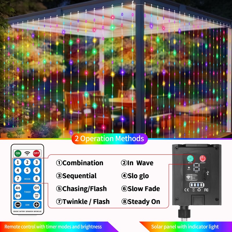 Solar Curtain Lights Outdoor 10 x 10Ft 300LED Waterproof Waterfall