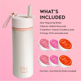 Vitapod Paris Hilton x Daily Wellness System - 22oz Pearlescent Water Bottle in Champagne Kiss & 6 Drink Mix Pod Sampler, Includes BEAUTY+, HYDRATION+, and ENERGY+ Functional Drink Mix Pods