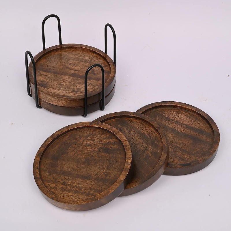 SAMHITA Mango Wood Coasters for Drinks with Iron Holder Stand
