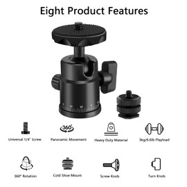 Universal 1/4" Swivel Mini Ball Head Screw Tripod Mount with Hot Shoe Mount, EszkozTA 360° Panoramic Rotating Mount Base Adapter for DSLR Cameras HTC Vive Tripods Monopods Light Stand