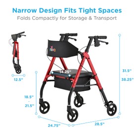 NOVA Star 6 Foldable Rollator Walker for Seniors, Wide Padded Backrest with Seat, 6” All-Terrain Wheels, Easy-Grip Locking Hand Brakes, Height Adjustable, Red