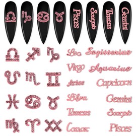 SILPECWEE 24pcs Pink Zodiac Signs Nail Charms 3D Zodiac Letters Nail Studs Rhinestones Flat Back Zodiac Nail Charm Alloy 12 Constellation Nail Jewels Decoration for Nail Art Craft