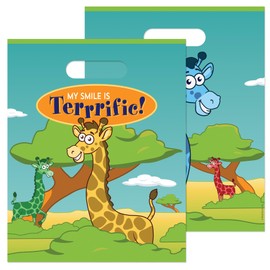 Practicon Giraffe 8" x 10" Dental Giveaway Bag, Dental Hygiene Patient Care Goodie Bag, Dentist Office Plastic Gift Bags, 100 Pack