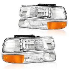 Aresparts Headlights Assembly For 1999-2002 Chevy Silverado 1500 2500 3500 For 2000-2006 Suburban For 2001-2006 Chevy Tahoe with Bumper Lights Headlights Assembly Chrome Housing Clear (Chrome+Amber)