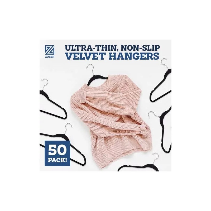 Zober Non-Slip Velvet Hangers - Suit Hangers (50-pack) Ultra Thin